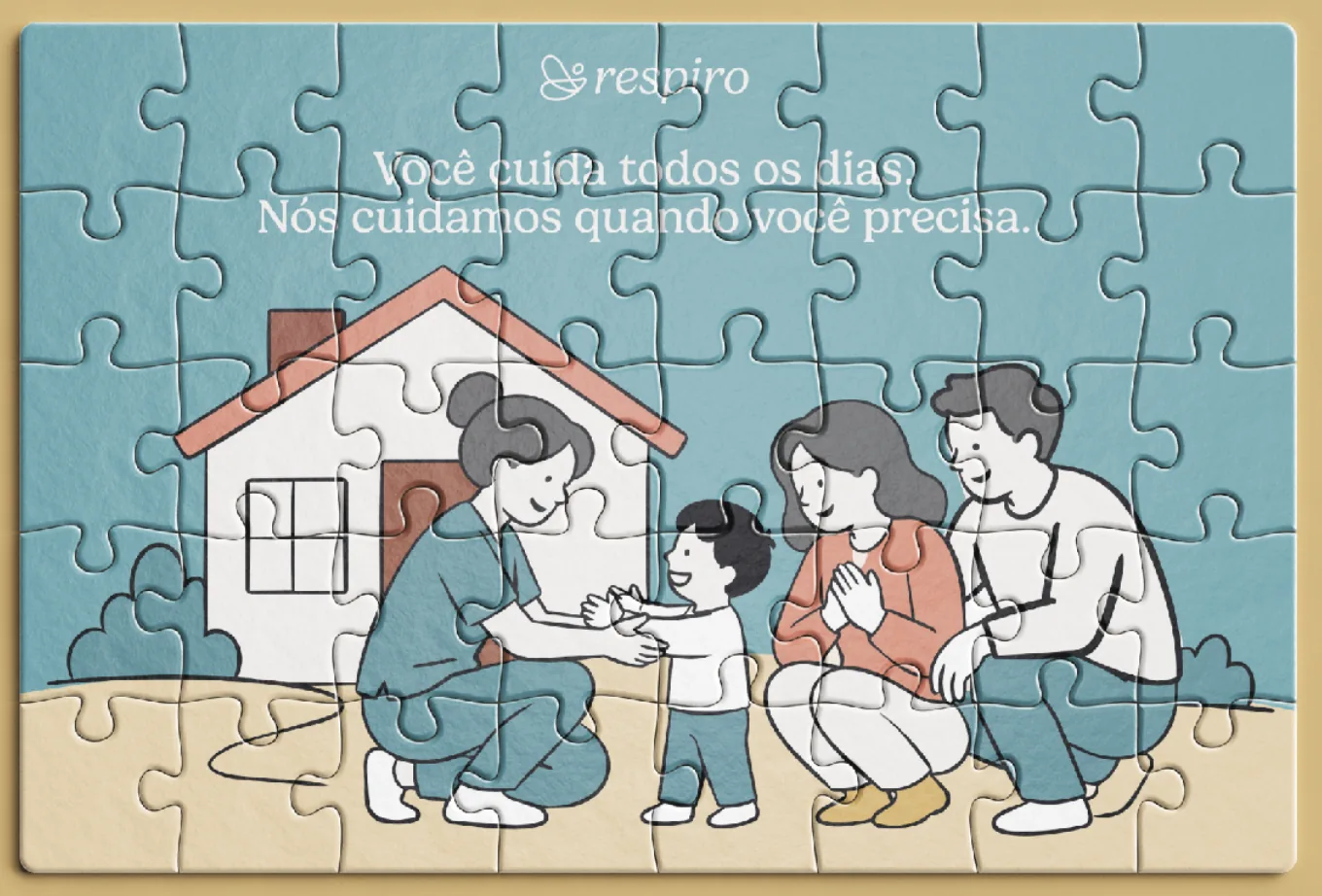 Quebra-cabeça ilustrado da Respiro: uma profissional brinca com uma criança ao lado dos pais, em frente a uma casa.